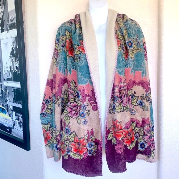 JOHNNY WAS Biya Sherpa Hoodie, colorful floral; cream turquoise purple. L - Picture 7 of 17
